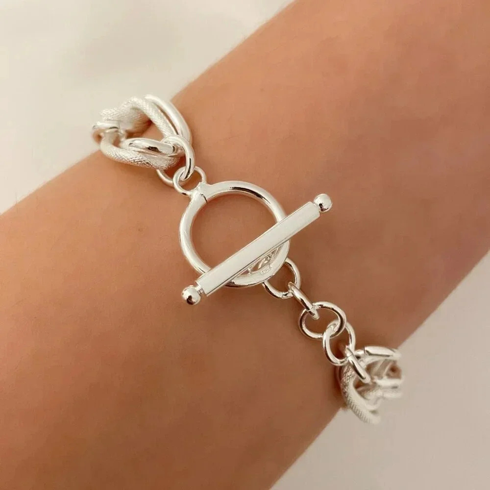 925 Sterling Silver Chunky Chain Link Toggle Bracelet Silver Statement Bracelet - Picture 8 of 8